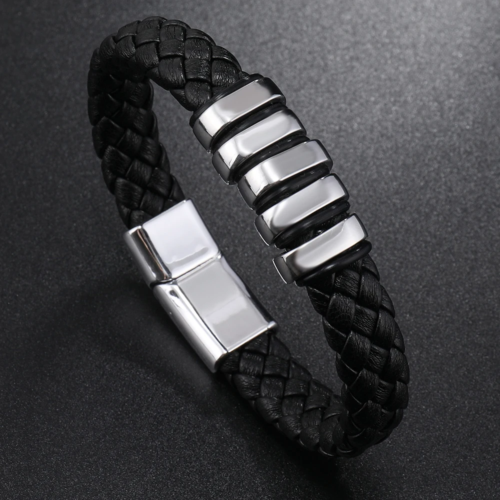 Good Quality Custom Leather Braided Bracelet magnetic buckle Gold Silver Plated Leather Bracelet For Men