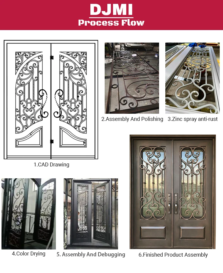 Chinese Top factory luxury villa external main entrance porte with art glass front entry exterior wrought iron door for house