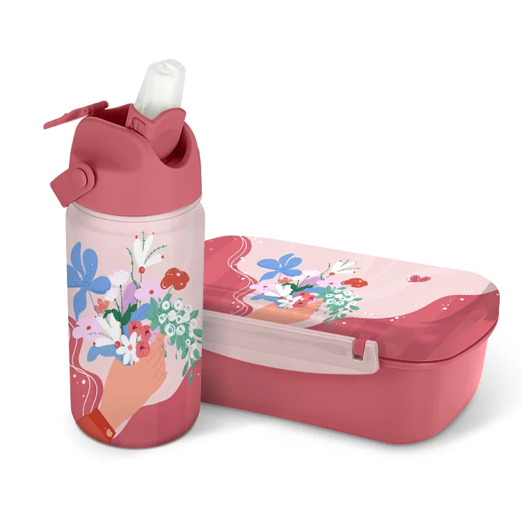 Custom Logo Compartment Leakproof Durable Plastic Bento Lunch Box for Kids with stainless steel water bottles gift sets