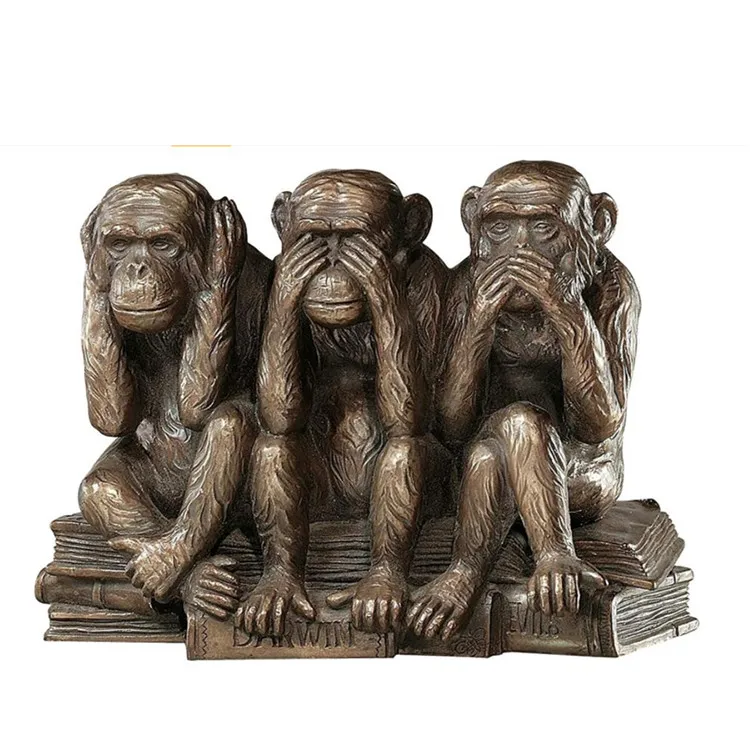 Hear-No, See-No, Speak-No Evil Monkeys Animal Statue Three Truths of Man Figurine, 7 Inch, Polyresin, Bronze Finish