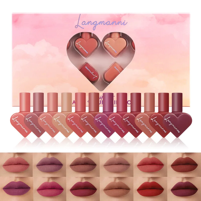New waterproof heart shape 12pcs velvet matte liquid Red lipstick Set Women Lip Makeup Lipgloss Kit