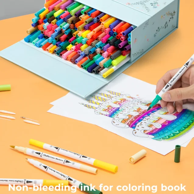 Ohuhu 160 Colors Brush &Fineliner Color Pens, Water Based, Black pen holder
