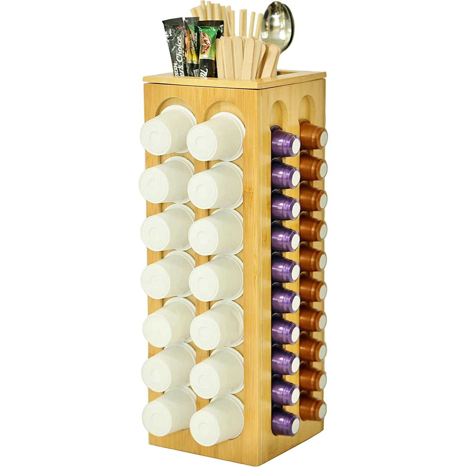Bamboo 80 Capsule 4 Sides Rack 360 Degrees Rotating  Coffee Double Sided Nespresso Cup Holder with Extra Space