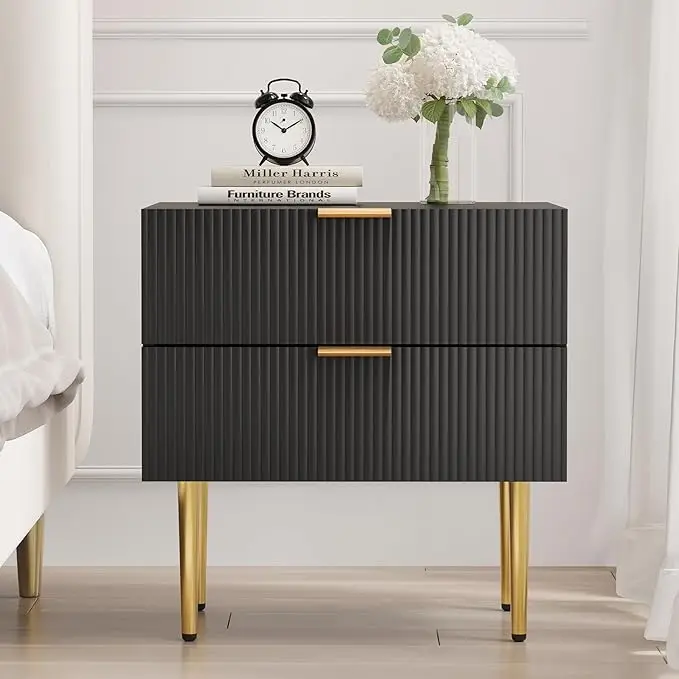 Mid Century Modern Night Stand with Fluted Panel, Bedside Table with 2 Drawer, Large Black NightStand with Gold Leg for Bedroom