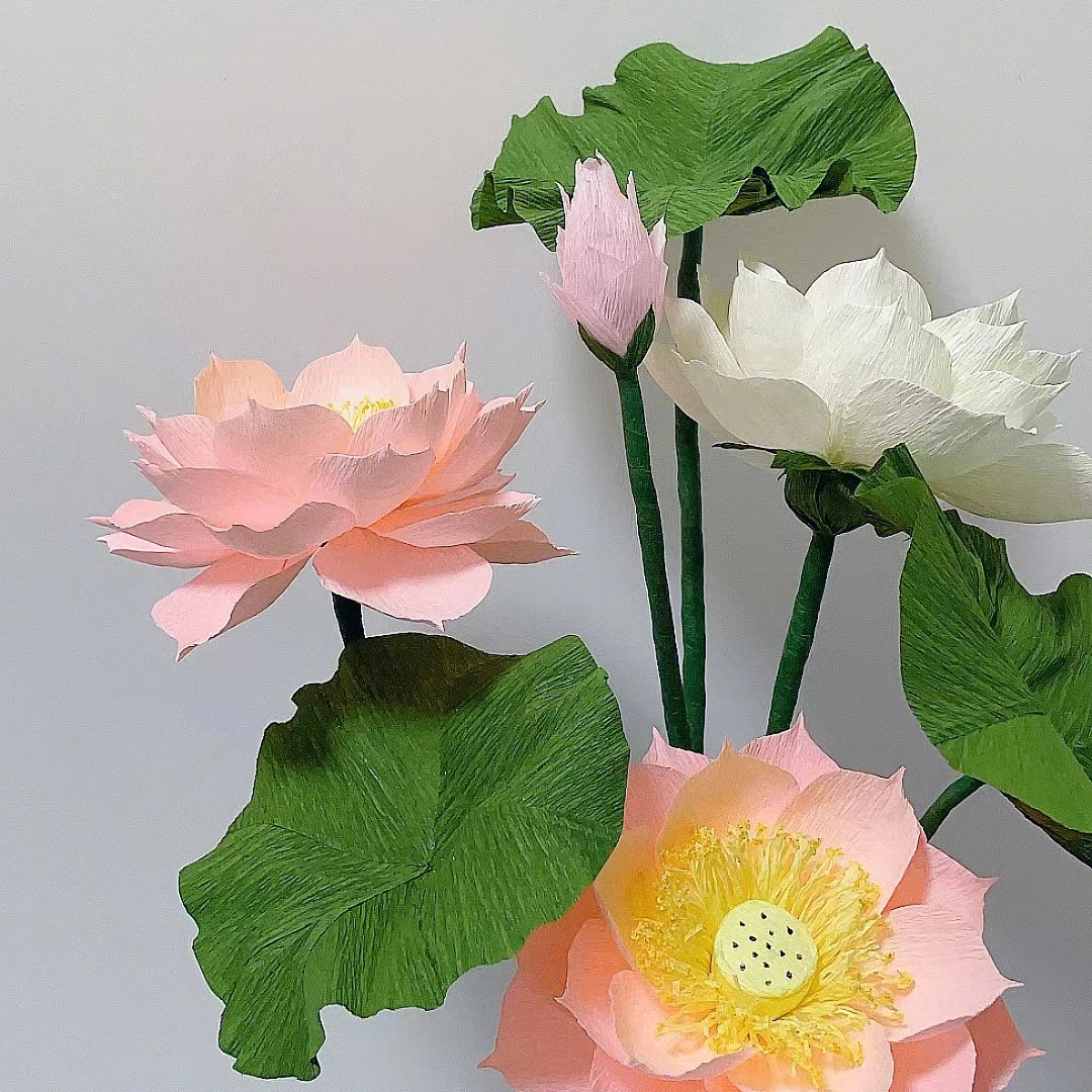 V53 National style handmade giant crepe paper pink lotus for wedding layout paper art flowers commercial beauty props