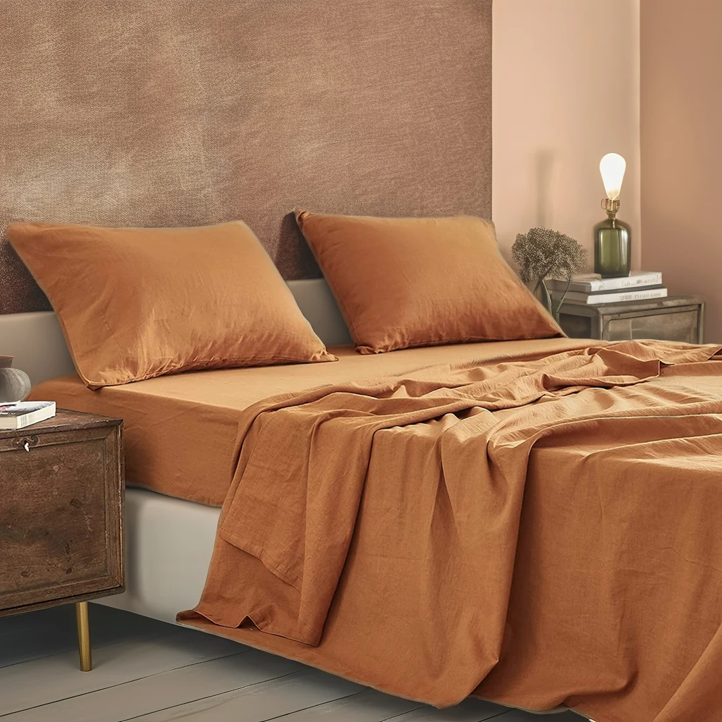 Wholesale customized bed linen Luxury solid color oeko-tex linen french linen Cotton blend bed sheet set 4 Pieces