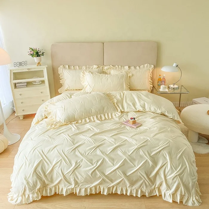 Wholesale New Modern 3D Pleated Solid Bed Skirt Sets Queen King Size Luxury Polyester Korean Style Beddings 4-in-1
