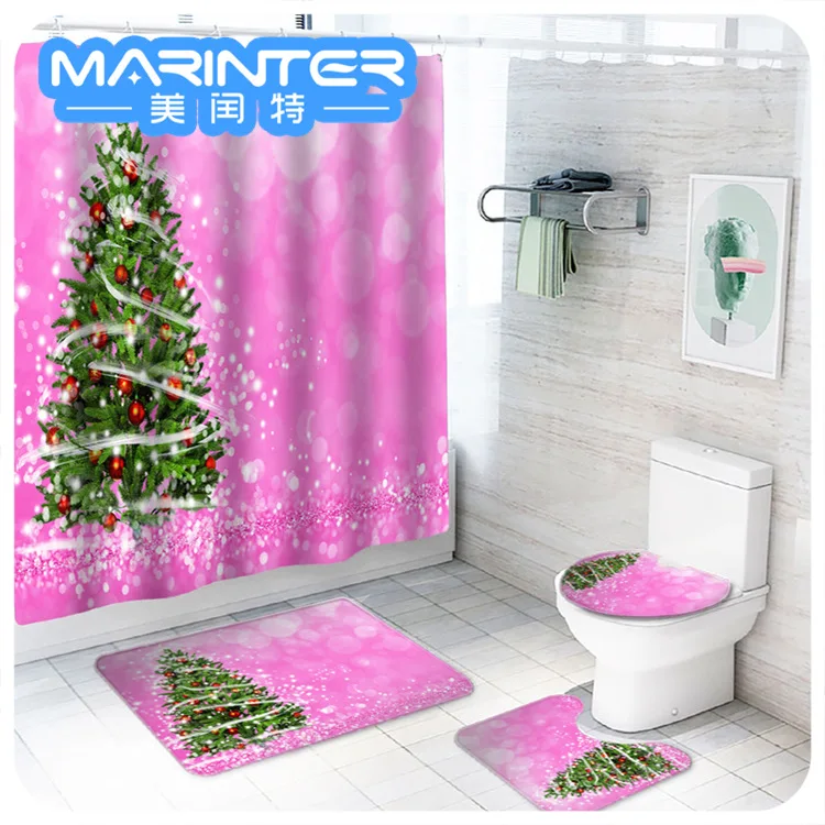 
Lianquan Santa Claus shower curtain custom waterproof digital printing four-piece toilet floor mat shower curtain set 