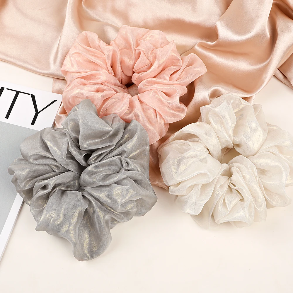Hot Sale Extra Large Organza Hair Ties 16cm Oversized Solid Color Glitter Organza Scrunchies For Women