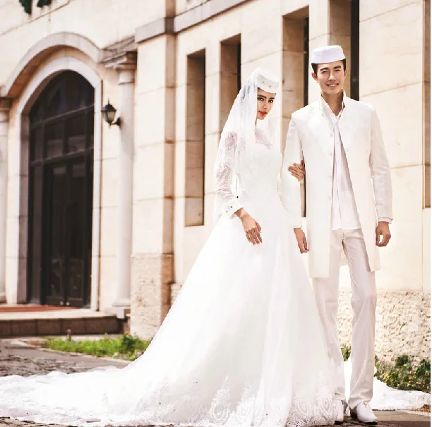 Customized men women wedding dresses Muslim Islamic wedding dress ethnic characteristics veil long skirt dress