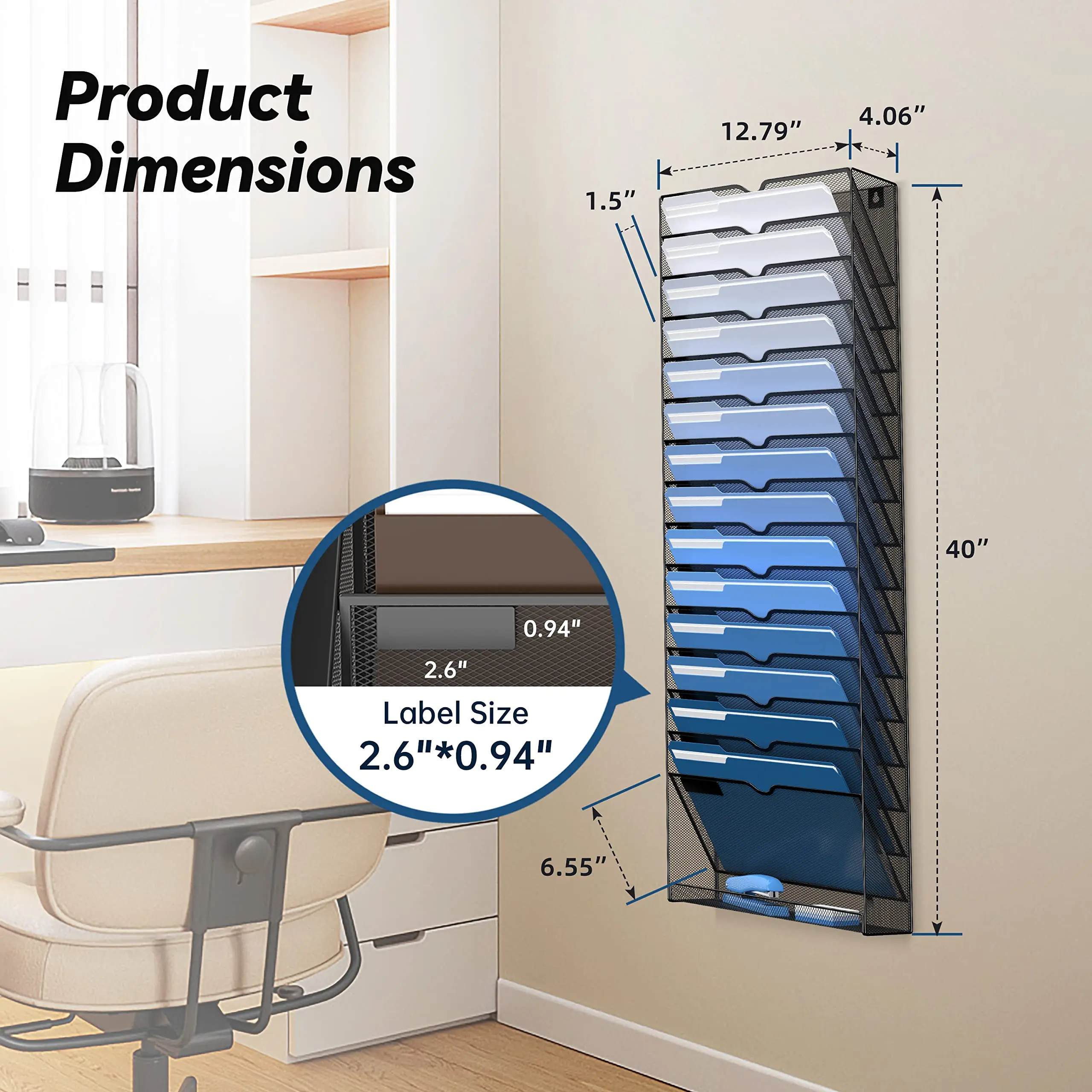 Metal Mesh 15 Tier Vertical Hanging Wall File Organizer with Bottom Flat Tray Holder for Papers and Magazines