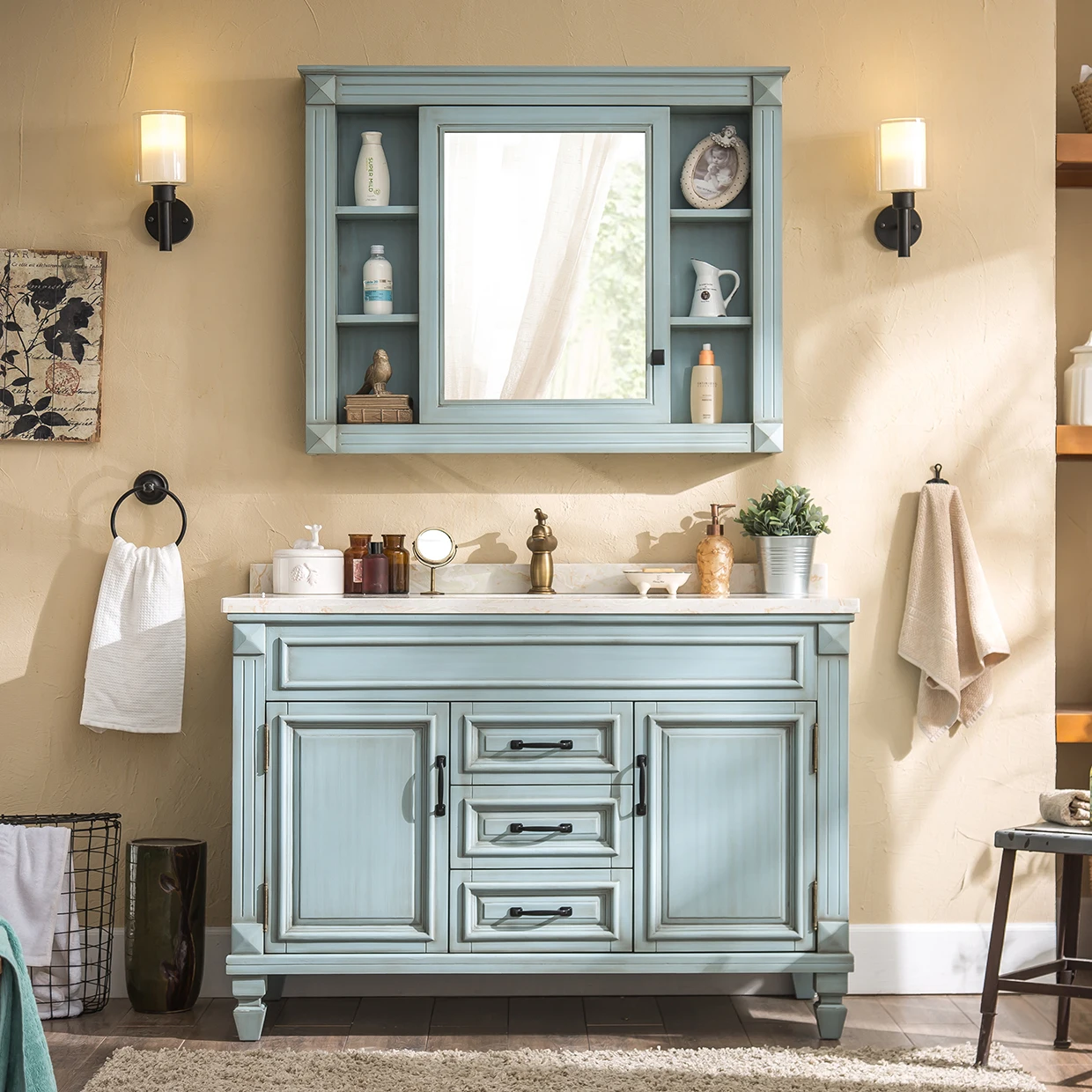 Floating Vanity Modern American Style Oak Wood Floor Standing Bathroom Vanity Furniture Sets Bathroom Cabinet With Mirror