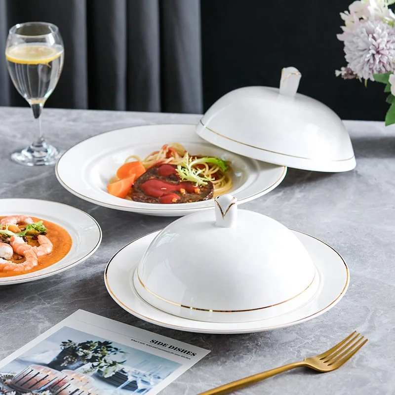 Abalone dish steak plate Western food dim sum plate Golden Edge Hotel tableware with lid with rice tableware sea cucumber