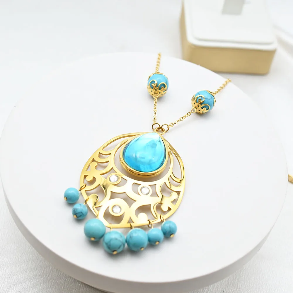 wholesale Vintage Bohemian blue Bead Pendant Ethnic Turkish Gypsy Stainless Steel Fringe Necklace For Women