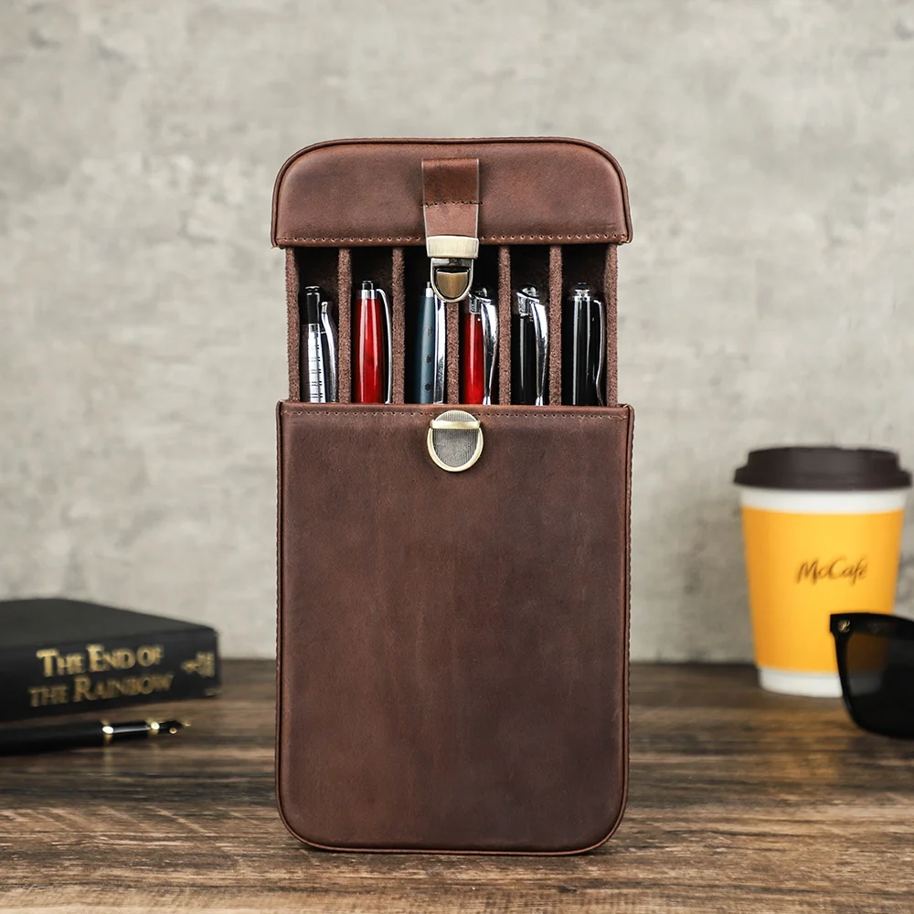6 Slots Travel Pen Case Storage Box Leather Hard Pen Case Holder with Detachable Tray Office Stationery