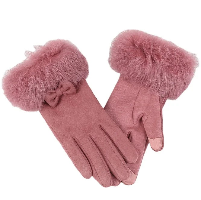 Custom Factory Winter Warm Faux Fleece Cuff Gloves With Velvet Reinforced Suede Imitation Rabbit Fur Gloves
