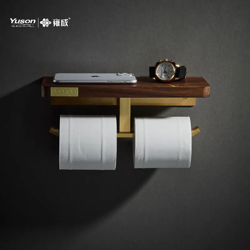 Yuson 21486DB Wooden Dual Paper Towel Toilet Paper Roll Holder Holder Wall-Mounted Tissue Paper Roll Holder With Phone Shelf