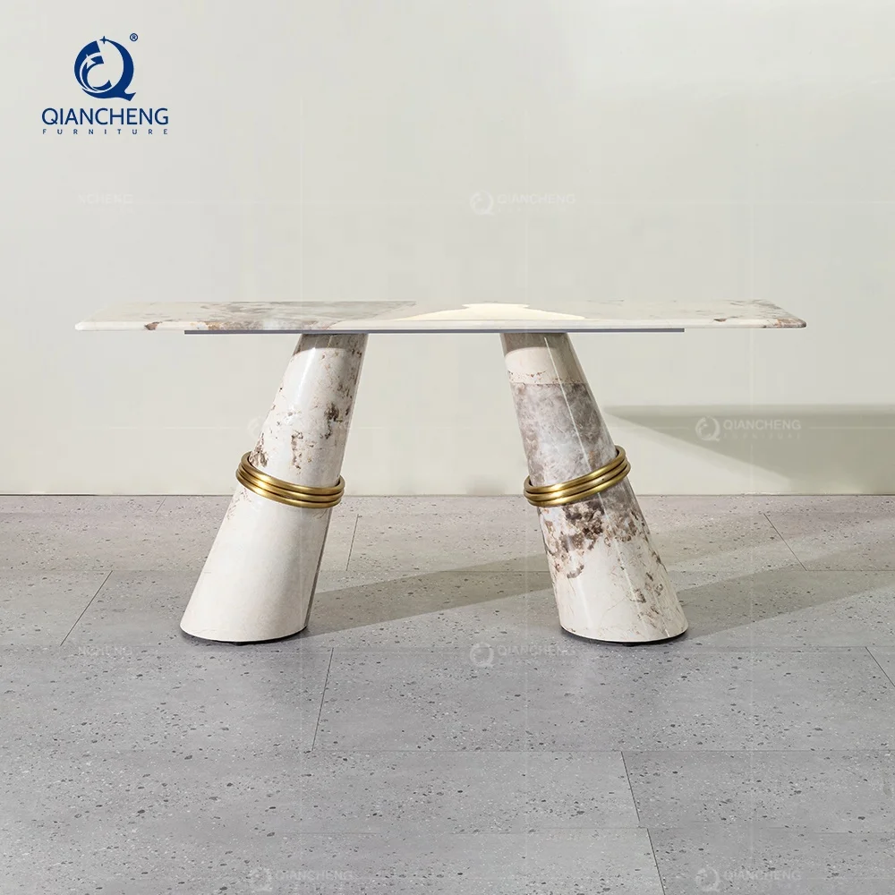 QIANCHENG foshan factory hallway decor living room real marble stone french country living room mirrored console table