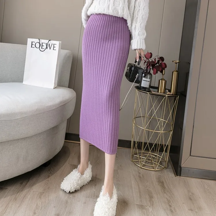 Коллекция 2021 года, осенне-зимняя Стильная трикотажная одноступенчатая юбка для женщин и девочек длинное платье-карандаш средней длины с высокой талией Женская длинная юбка-свитер