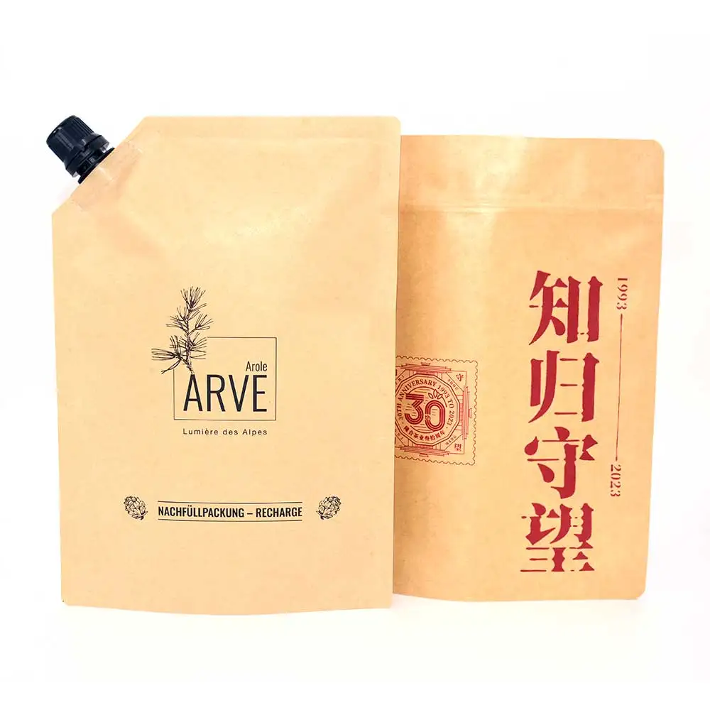 China Supplier Refillable Custom Nozzle Liquid Bag Kraft Paper with Spout Resealable Stand Up Pouch Bags