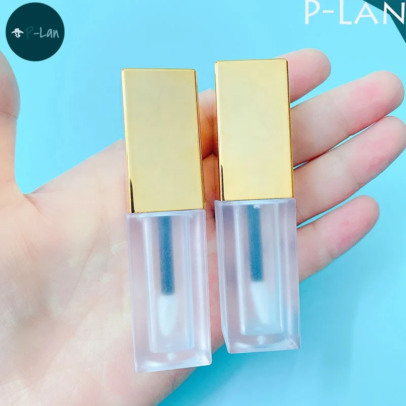 P-Lan Brand Stock 100pcs 5ml Gold Top Frosted Lip Tint Bottle Square Custom Packaging Lip Gloss Tubes With Applicator