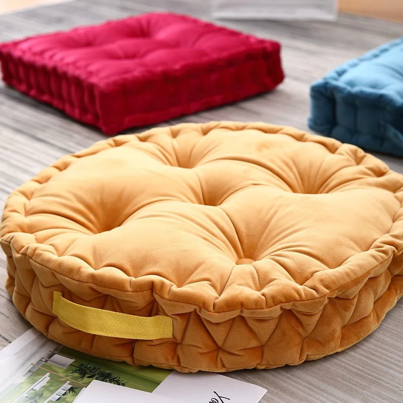 Multi Color Solid Velvet Square Floor Cushions With Handle Handmade Soft Futon Mat