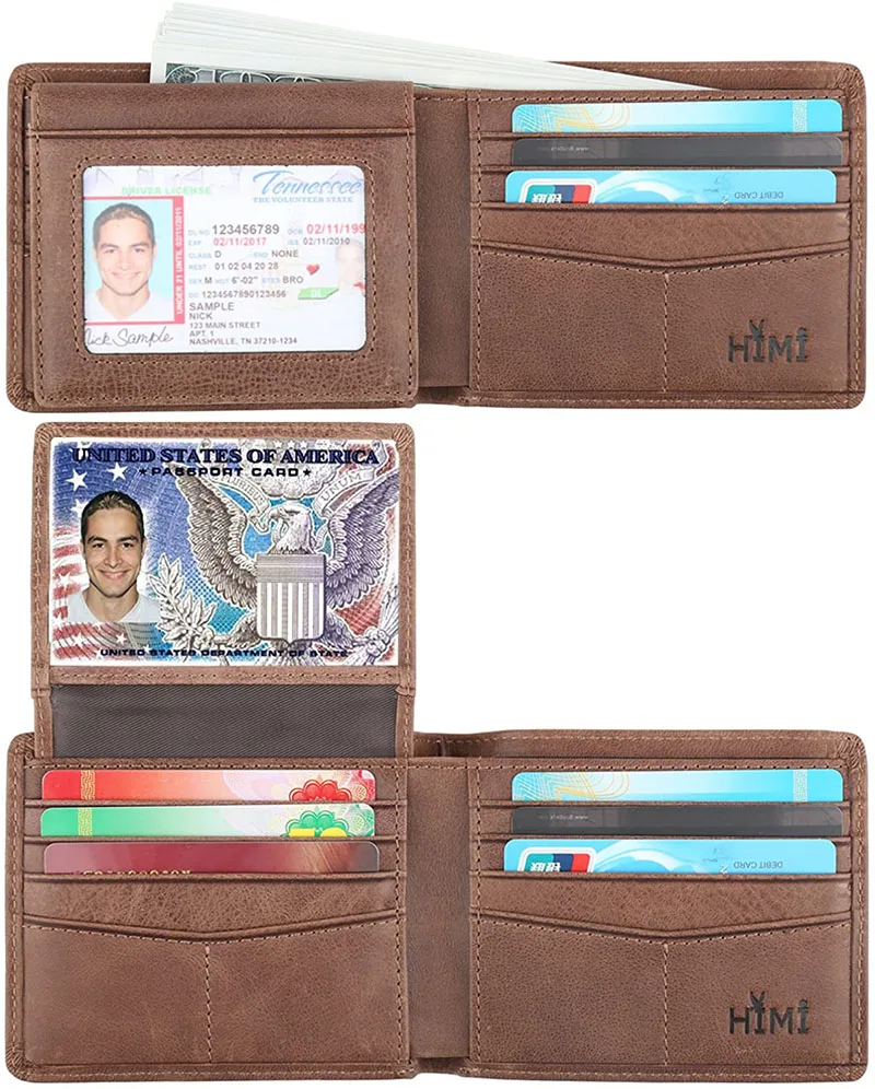 Мужской кожаный бумажник Eime с RFID блокировкой модный двойного сложения 2 окошками для
