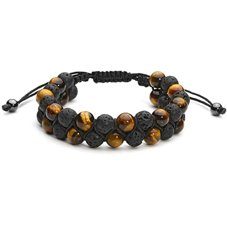 Natural Gemstone Tiger Eye Double Layers Stress Relief Macrame Adjustable Rope Beaded Bracelets For Men