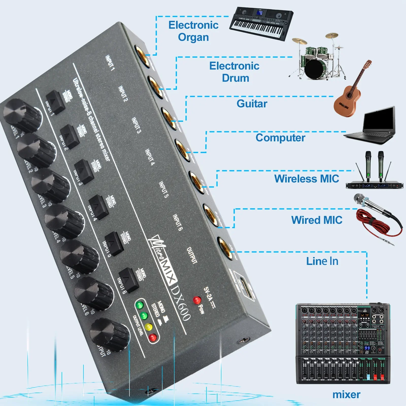 DX600 Factory price 6 channel digital mixer powered mixer stereo audio mixer for home