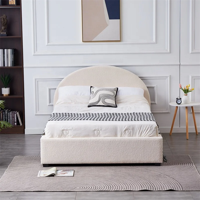 Stylish Boucle Fabric Upholstered Bed Luxury White Gas Lift Storage Bed Frame King size Beds With Super Storage