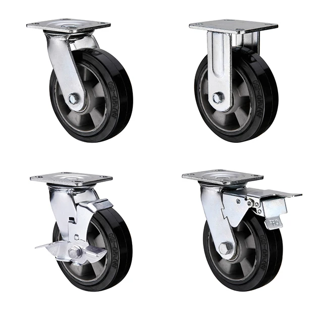 Double ball bearing 5 / 6 / 8 / 10 Inch elastic rubber trolley wheel aluminium  core industrial heavy duty pallet wheel