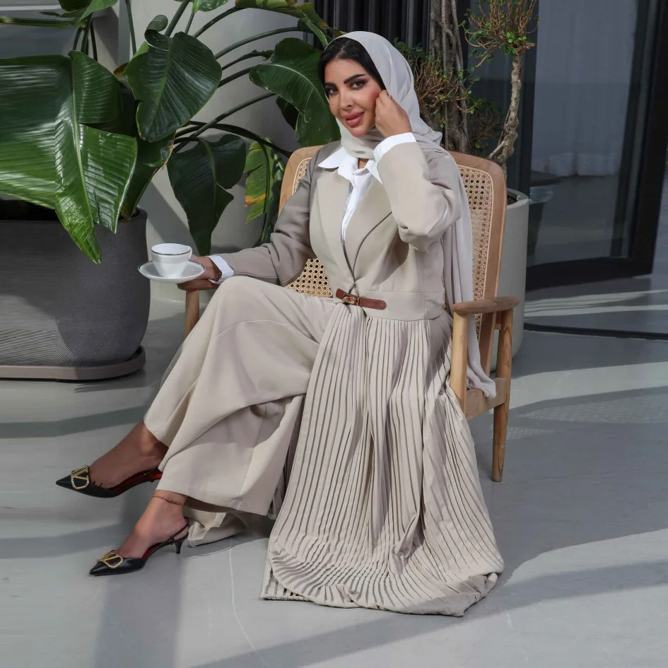 Turkish Dubai New Clothing Dress Kimono With Belted Fashion Pleated Suit Collar Cardigan Dress Muslim Open Front Abaya For Women