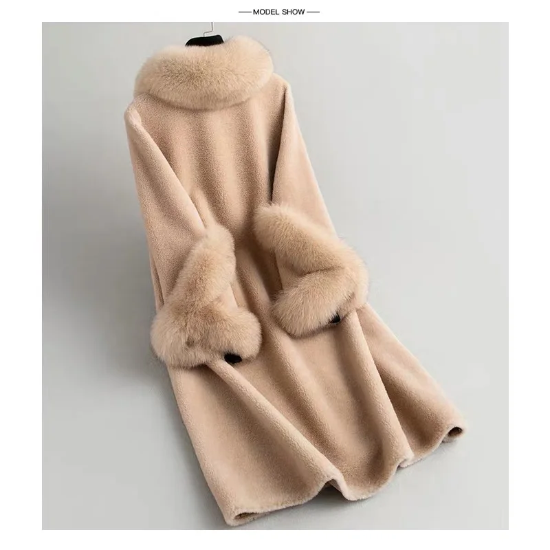 CX-G-T-25C Ladies Fox Fur Collar Winter Lambswool Long Teddy Coats Sheep Wool Coat