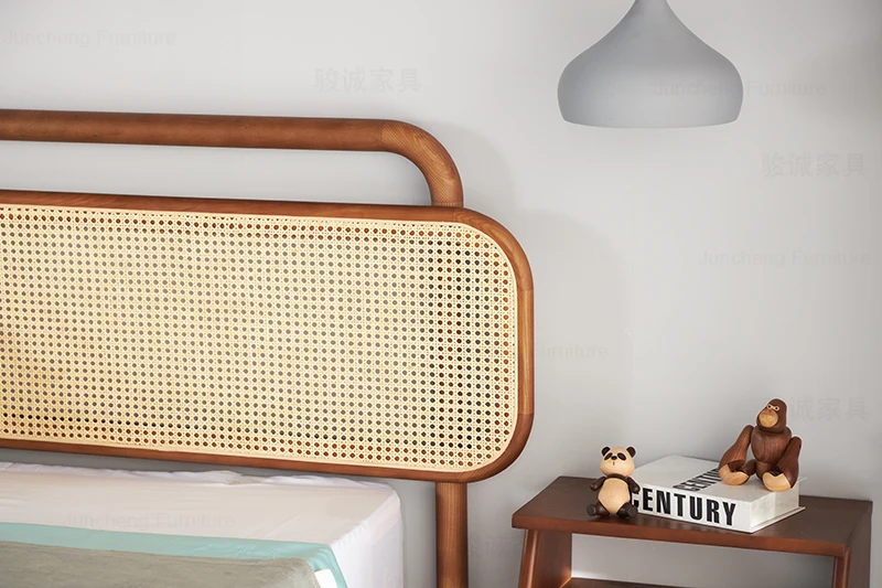 Wholesale Hotel Bedroom Solid Wood Bed Frame Modern Furniture Double Wooden Woven Rattan Cane Beds