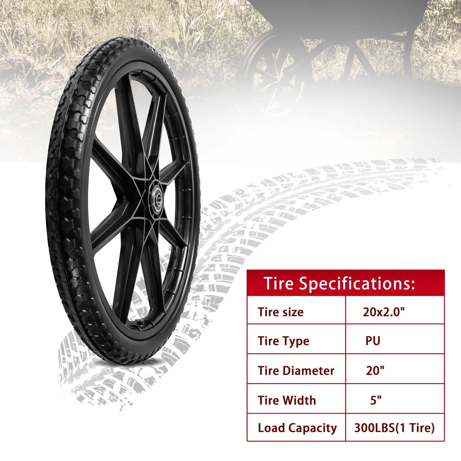 Flat Free Tire Wheels Patterned Y-shaped 8-bar spoke wheel 20x2 inch Black PP Flat Free Tires