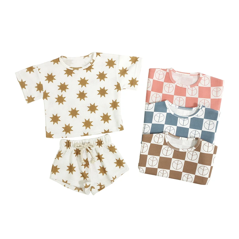 Custom Brand Kids Summer Tracksuits Checkered Peace Printed Children Sweat Suits Waffle Cotton Pink Toddler Baby Clothing Set