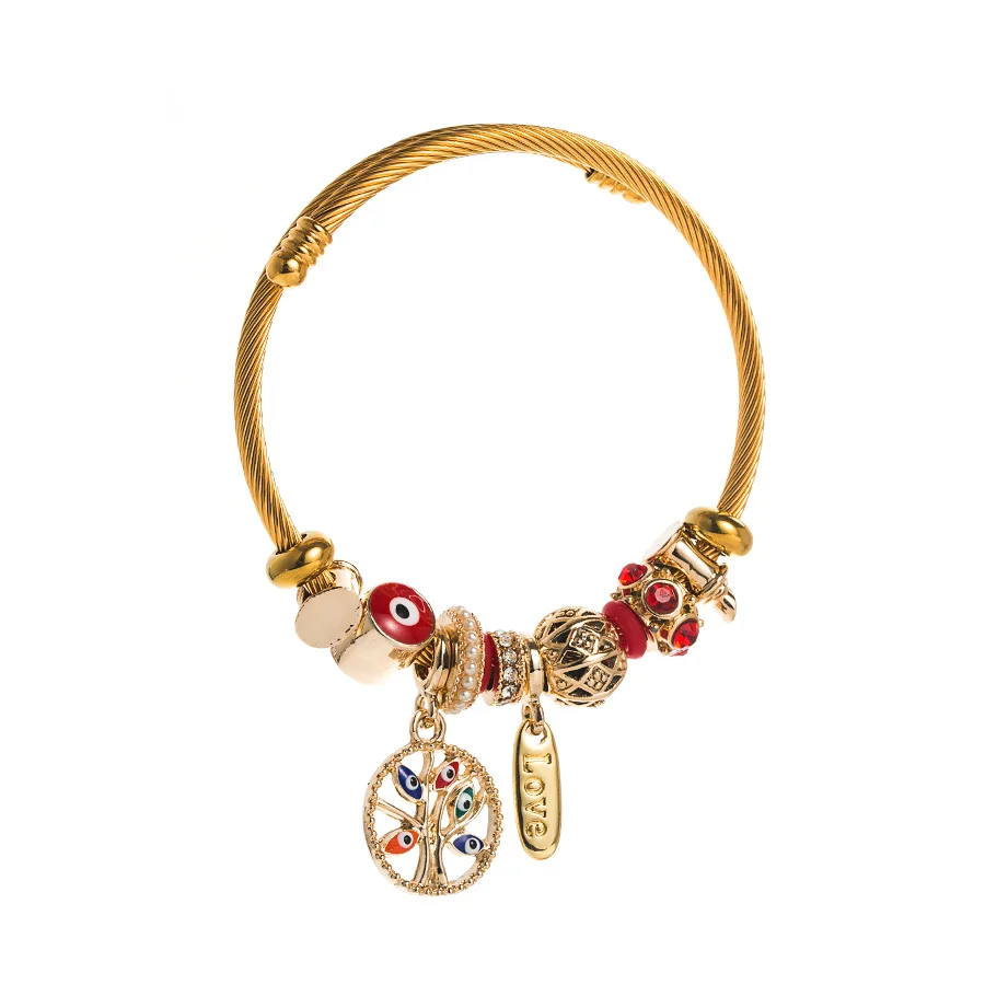 New 18K Gold Plated Cz Colorful Beady Enamel Devil Eye Tree Pendant Bracelet Multicolour Oil Dripping Evil Eyes Pendant Bangle