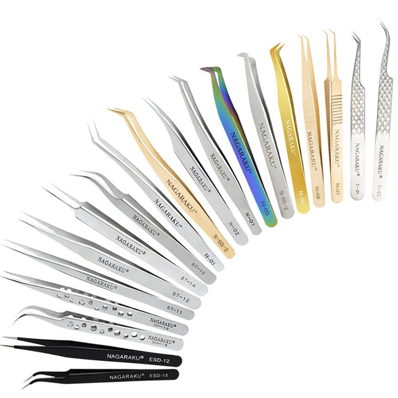 Straight & Curved Tweezers for Nail Art False Eyelash Extension tweezers Stainless Steel tweezer Make Up Tools