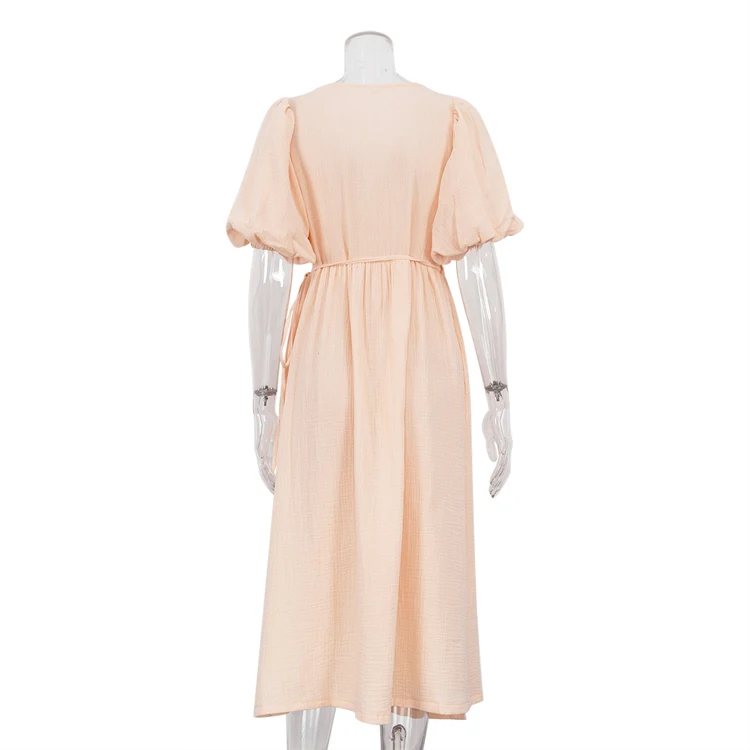 Casual Women Dresses Solid Simple V Neck Short Puff Sleeve Cotton High Waist Lace Up Wrap Robe Midi Elegant Maxi Ladies Dress