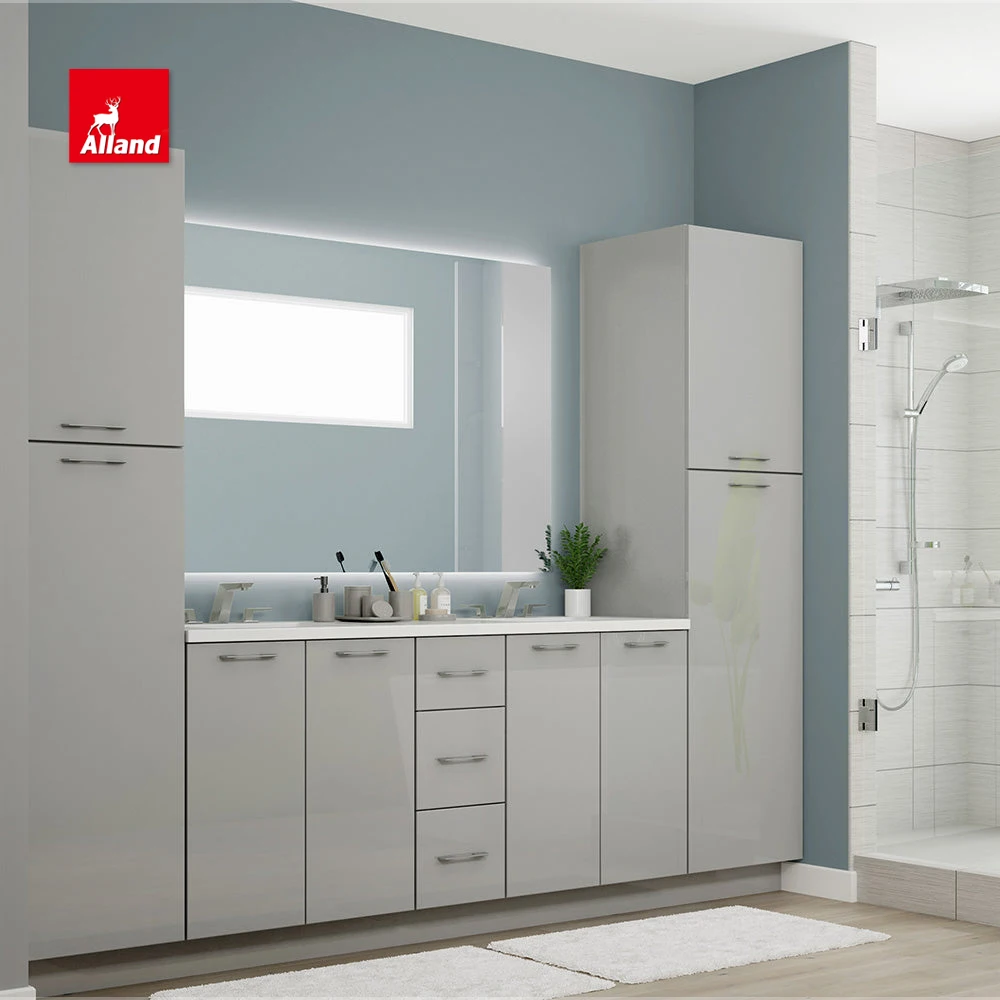 AllandCabinet Custom Color Modern High Gloss Lacquer MDF Plywood Flat Style Kitchen Cabinet Design with Countertop Island