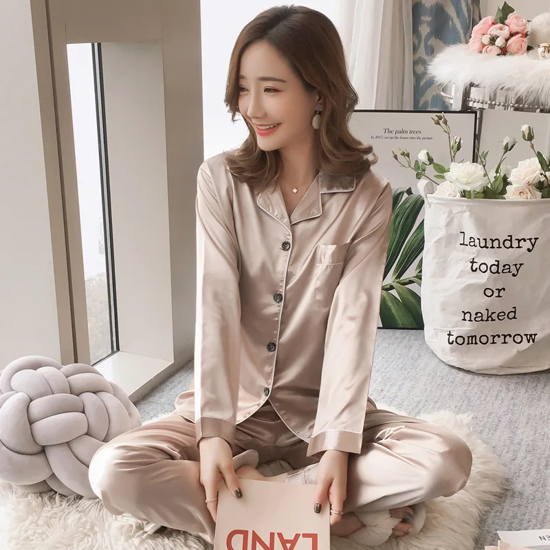 Solid color casual pajamas Long sleeve satin silk two-piece lapel plus-size pajamas comfortable home underwear