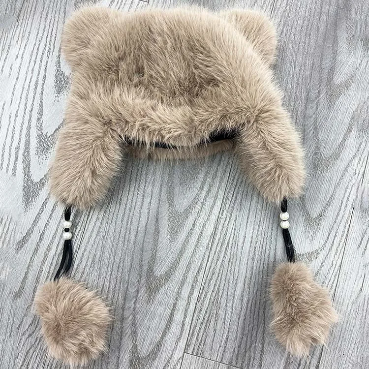 2023 new arrival winter faux fur warm skull cap with pompom outdoor  earflap hat