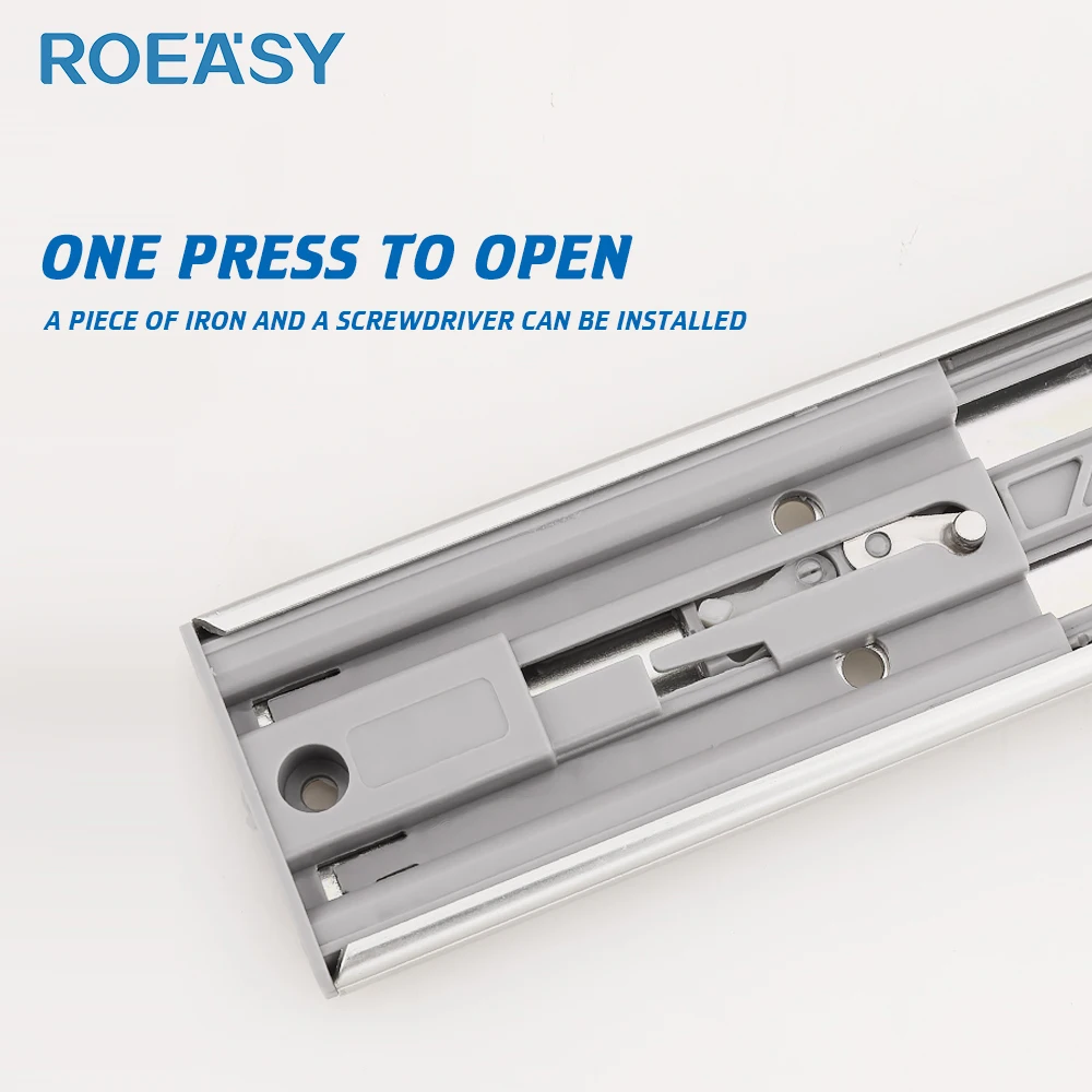 ROEASY 45mm width three fold self close hydraulic telescopic drawer runner slide cabinet ball bearing drawer channel