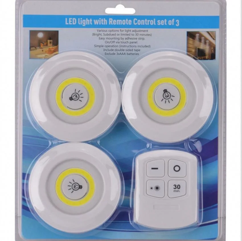 Hot Sale 3W COB Wireless  Mini Led  Night Light Pat Lamp With Remote Control Set of 3 For Bedroom Wardrobe Corridor