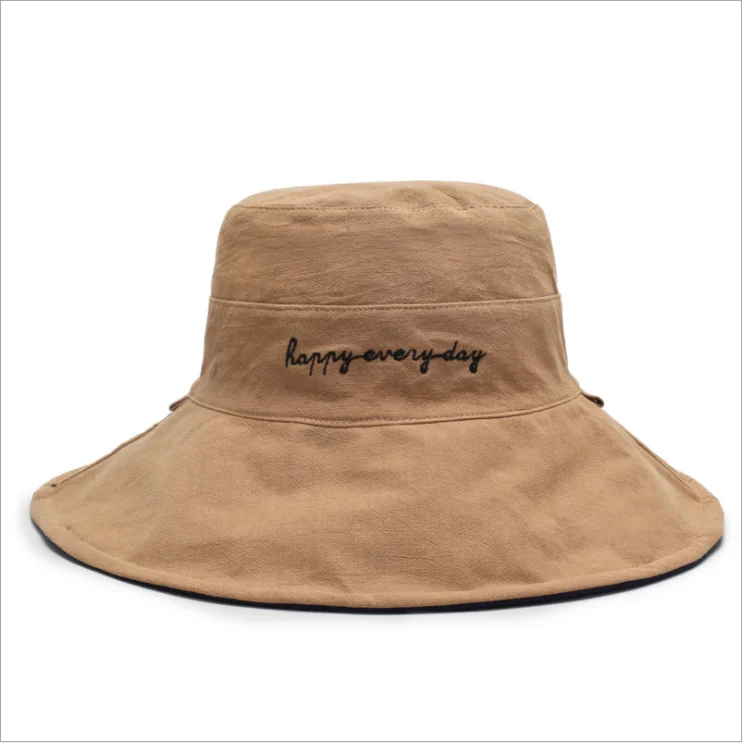 Wholesale Popular Double Sided Large Brim Bucket Sun Hat Embroidery Logo Hat Black bucket Cap For Women