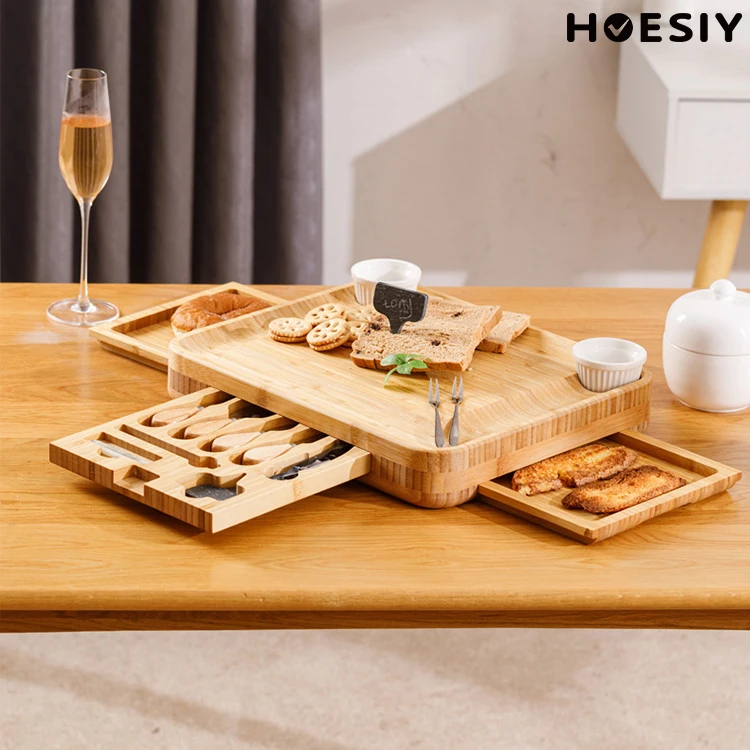 Natural Bamboo Cheese Cutting Tray Logo Custom Cheese Serving Platter Cheese Board With Knives Charcuterie Board Set