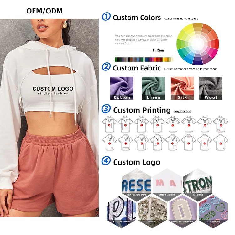 hoodie set Custom logo printed high quality knitted embossed embroidered oversized Heavyweight crop top women hoodies sweatshirt
