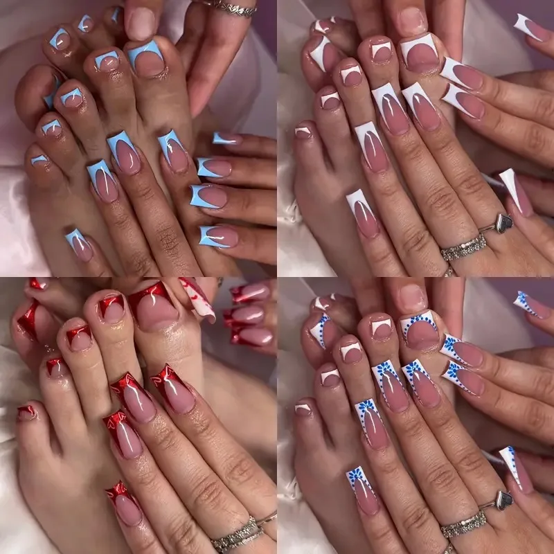 Luxury Design French Press on Acrylic Fake Nails and Toes Set Flash Diamonds Beautiful Square Artificial Toe False Nail Tips