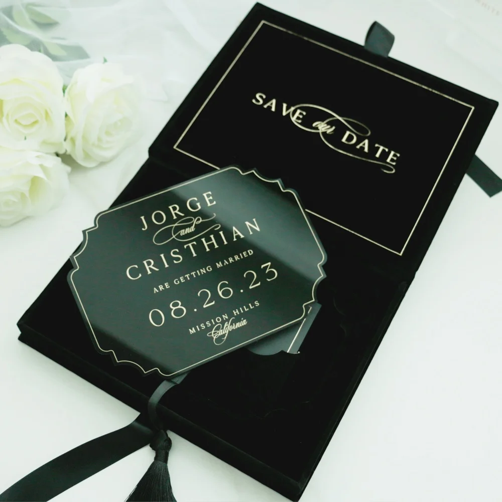 New Arrival Silk Tassel Cream Velvet Wedding Invitation Box Custom Wedding Logo Thick Acrylic Wedding Cards Invitation