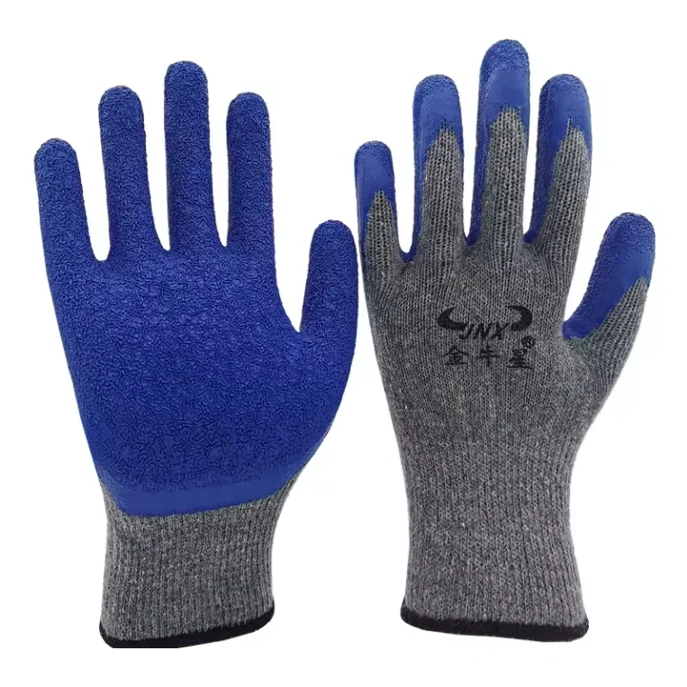 High Quality 10G Cotton Knit Crinkle Safety Grip Blue Wrinkle Latex Palm Coated PPE safety hand protective tools